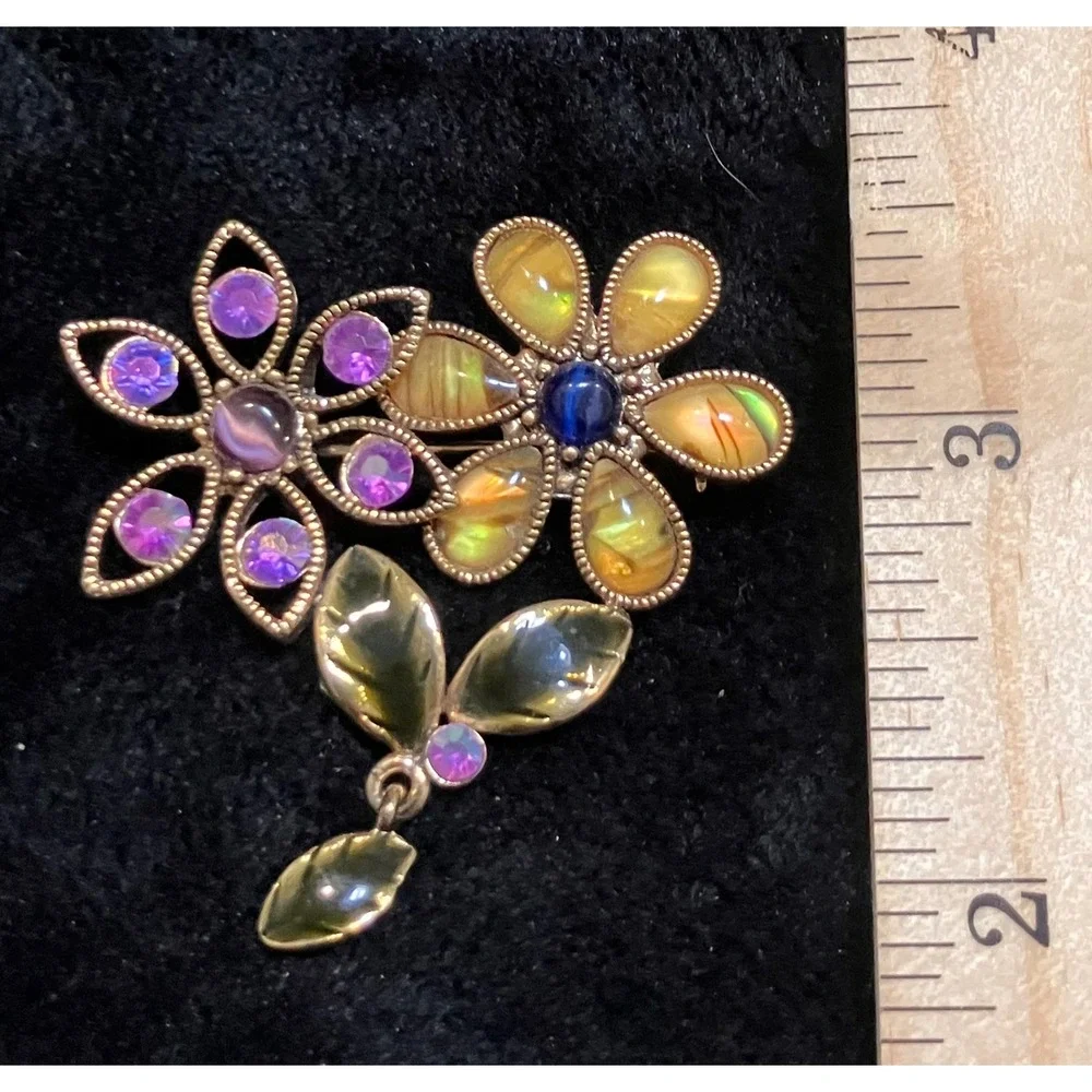 Floral Brooch Bundle Women Multicolor Rhinestone Pearl Enamel Lot of 4